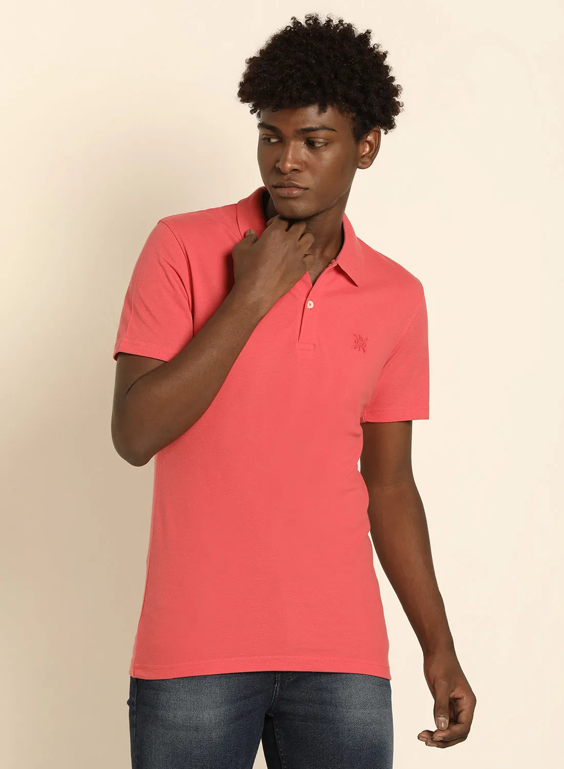ABOF Small Embroidered Regular Fit Collared Neck Polo Coral Colour