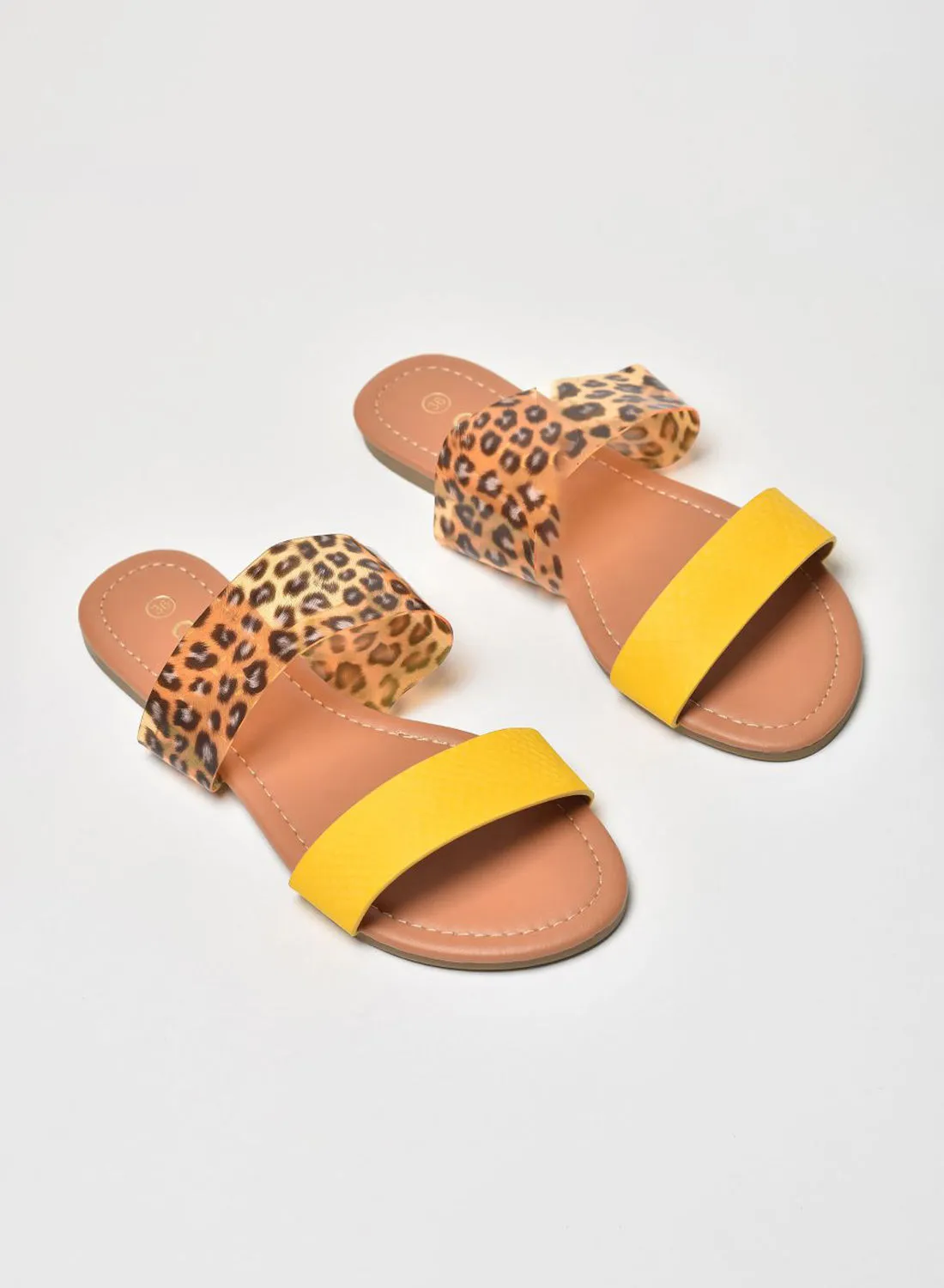 Aila Animal Printed Double Strap Flat Sandals Yellow/Brown/Black