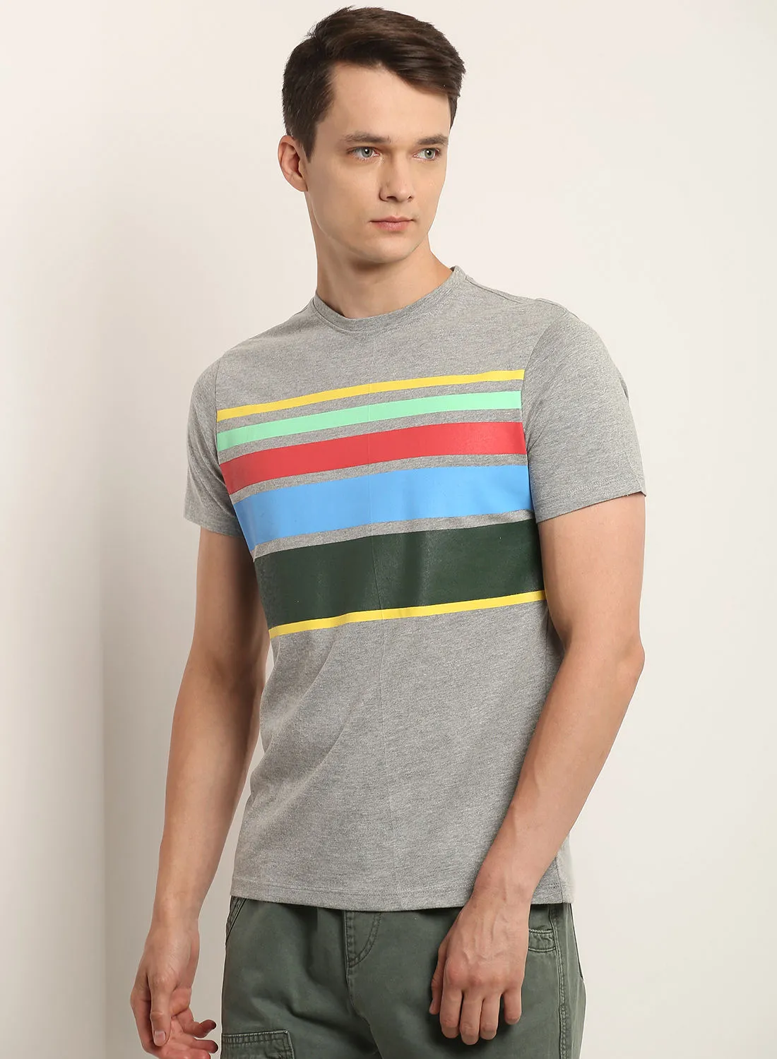 QUWA Men casual slim fit colorful stripes graphic printed T-shirt Light Grey Melange