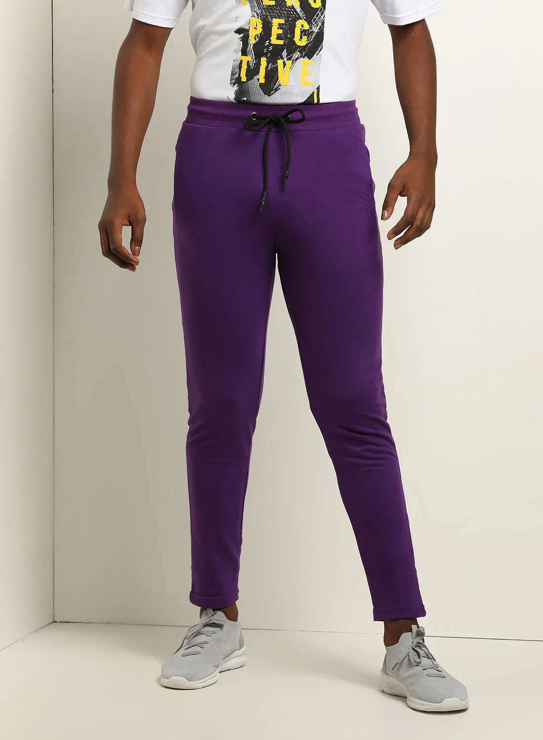 ABOF Knitted Rib Drawstring Detail Mid-Rise Skinny Fit Plain Cuff Joggers Purple