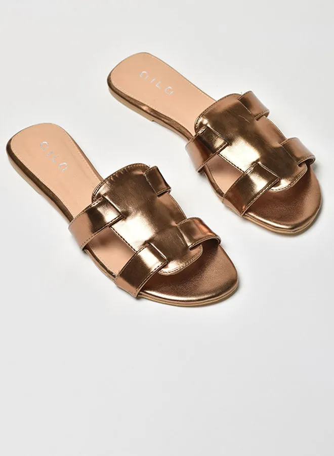 Aila Shiny Cut-Out Detail Strap Flat Sandals Bronze