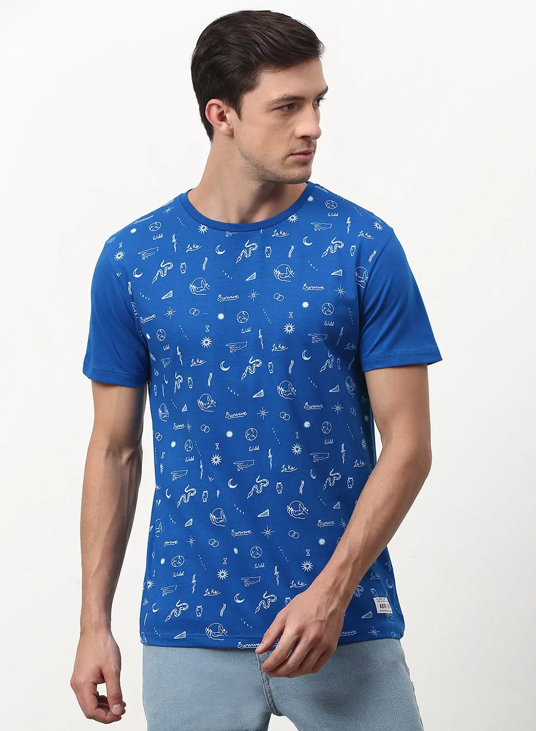 ABOF All Over Printed Regular Fit Crew Neck T-Shirt Blue/White