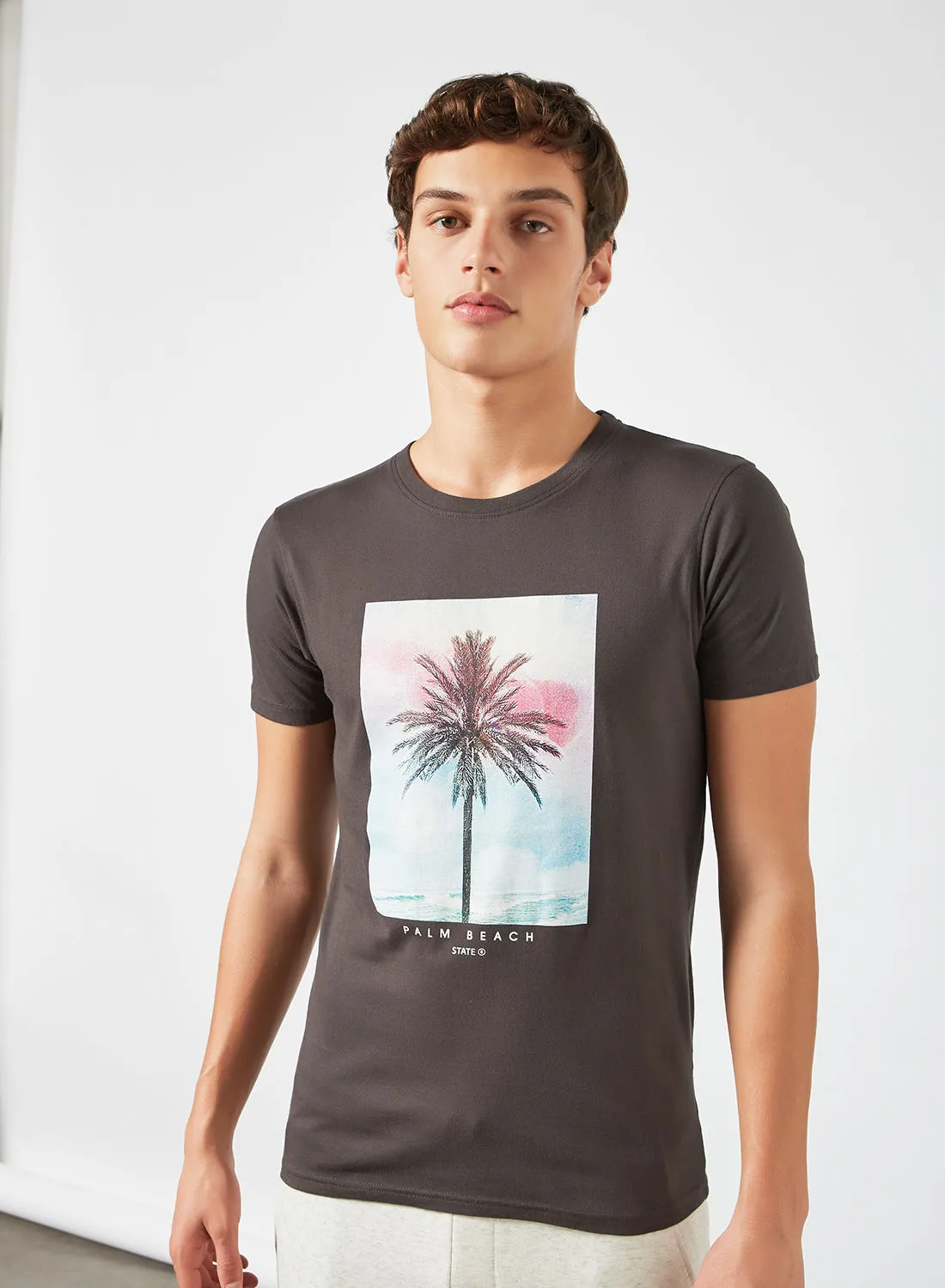 STATE 8 Palm Tree Print T-Shirt Dark Grey