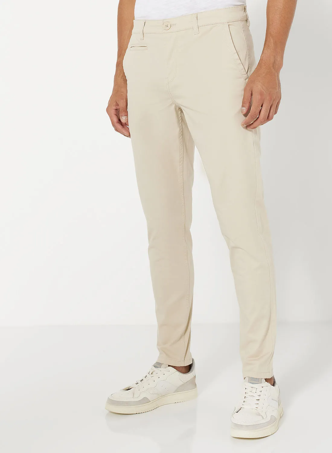 Noon East Solid Pattern Stretch Slim Fit Pants Ivory