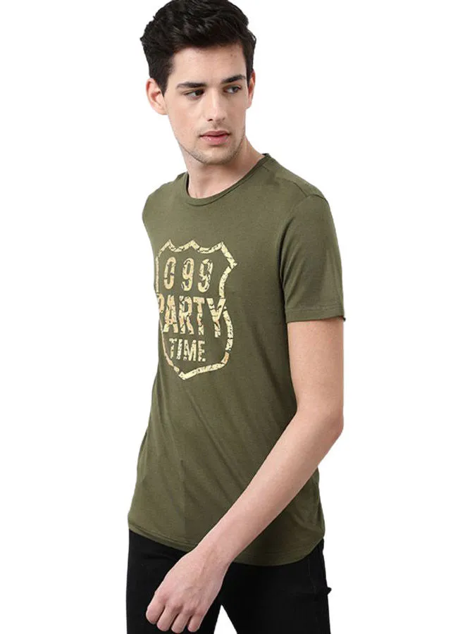 DRIP Printed Regular Fit Crew Neck T-Shirt Dark Olive Green