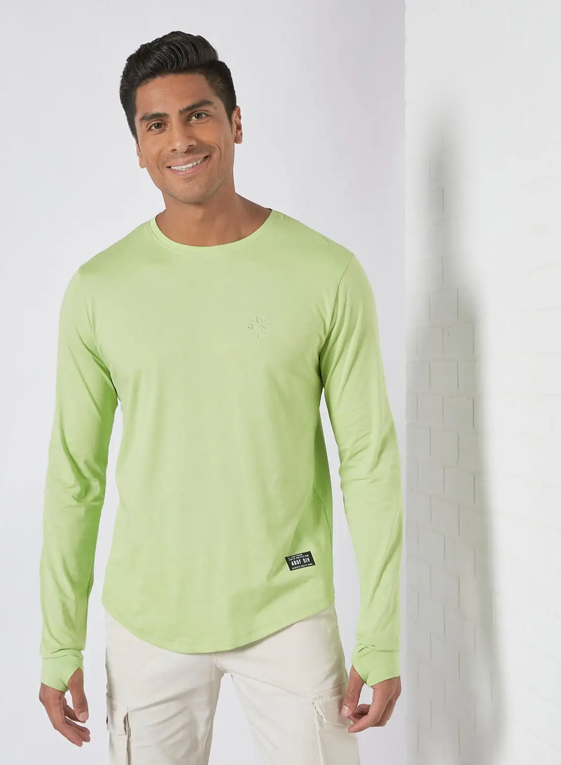 ABOF Long Sleeve Crew Neck Regular Fit Plain T-Shirt Sap Green