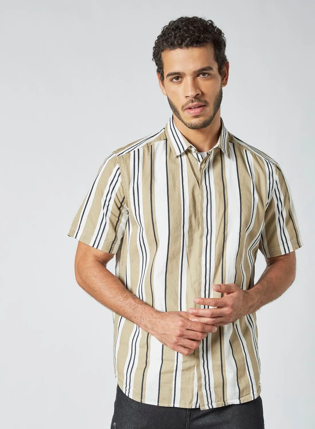 ONLY & SONS Striped Short Sleeve Shirt Beige