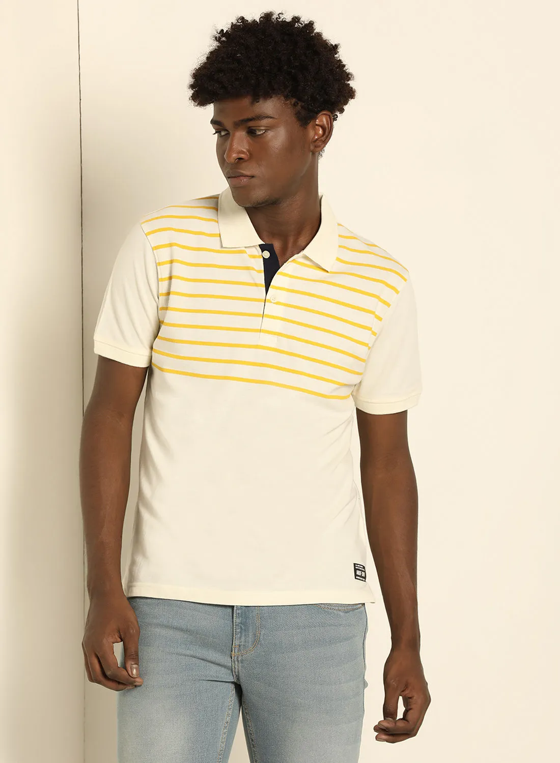 ABOF Stripes Regular Fit Collared Neck Polo White/Yellow