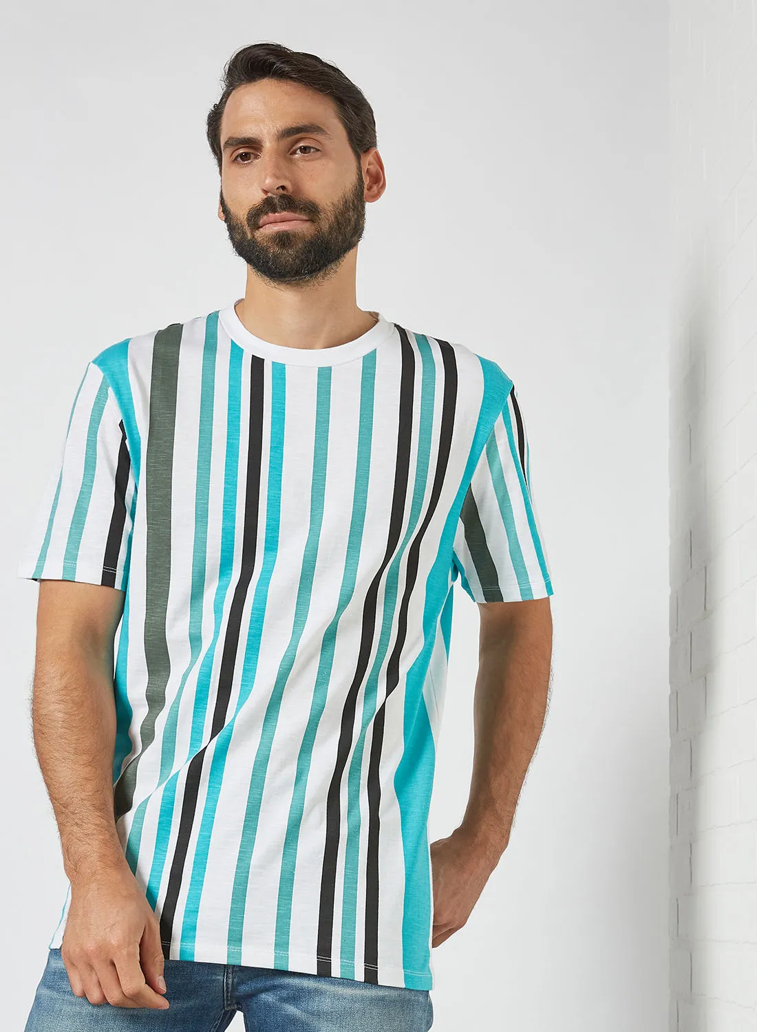 STATE 8 All-Over Stripe T-Shirt مشرق أكوا / رمادي مقلم