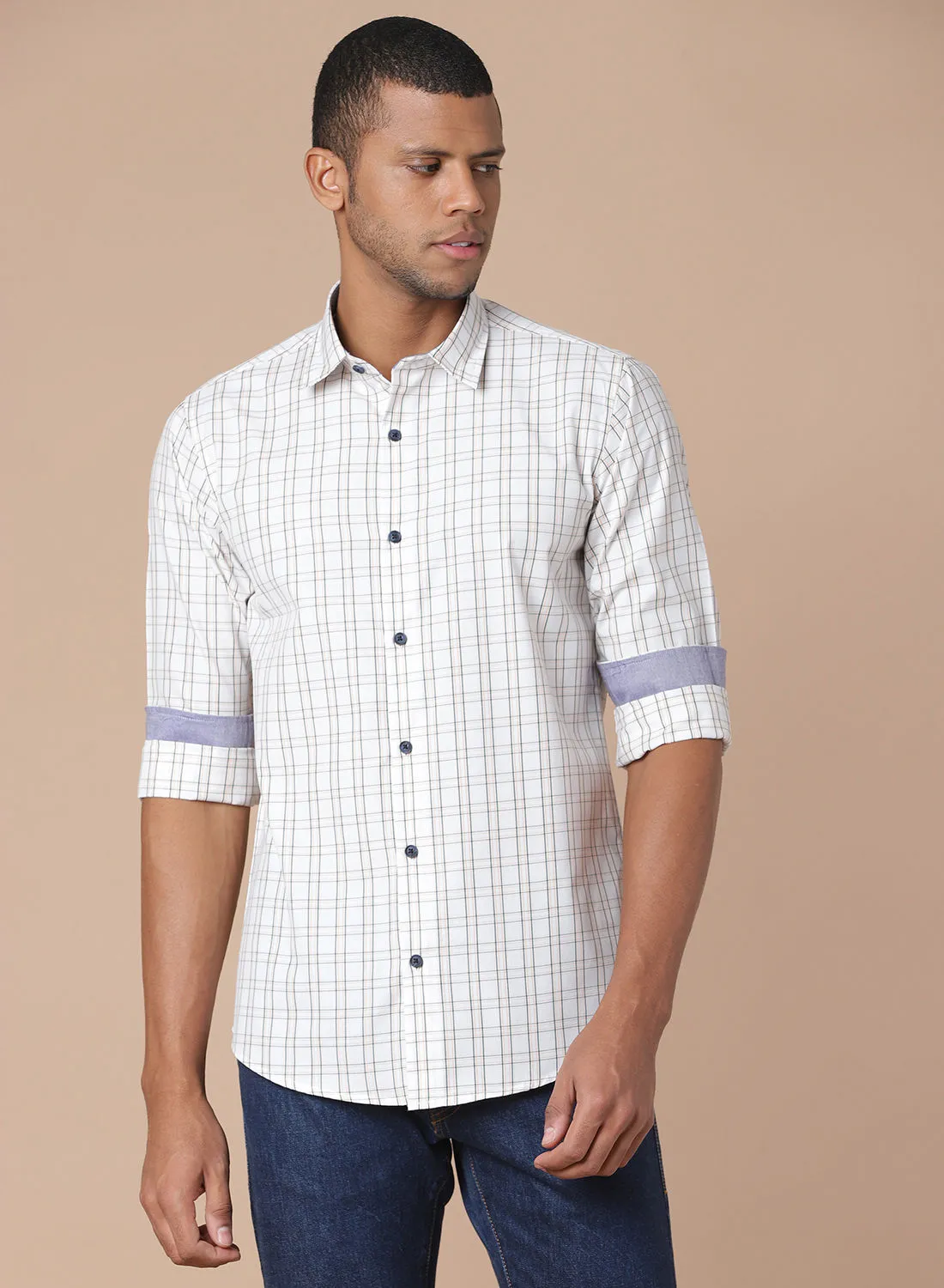 QUWA Casual Printed Collared Neck Shirt Checkered White