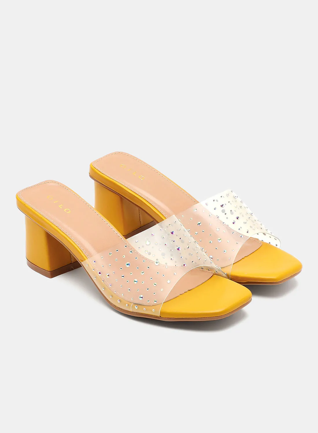 Aila Embellished Broad Strap Heeled Sandals Yellow/Clear