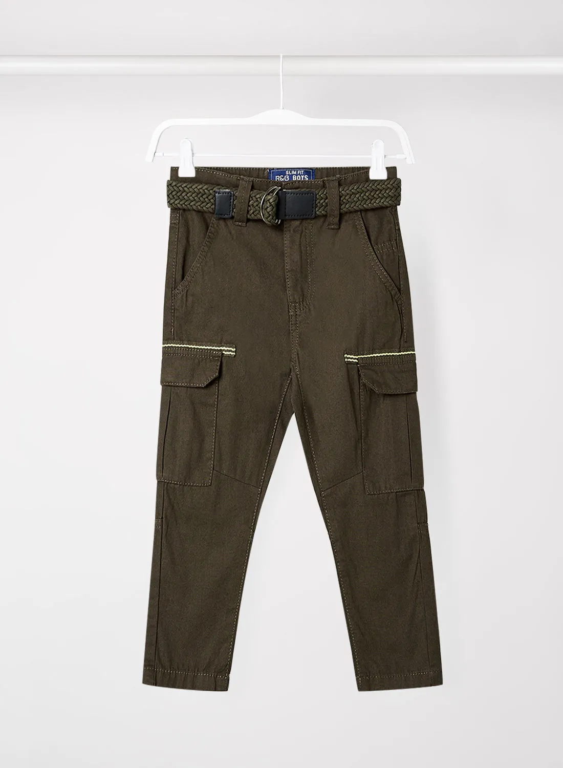 R&B Trendy Fashion Cotton Belted Trousers Dark Olive Green
