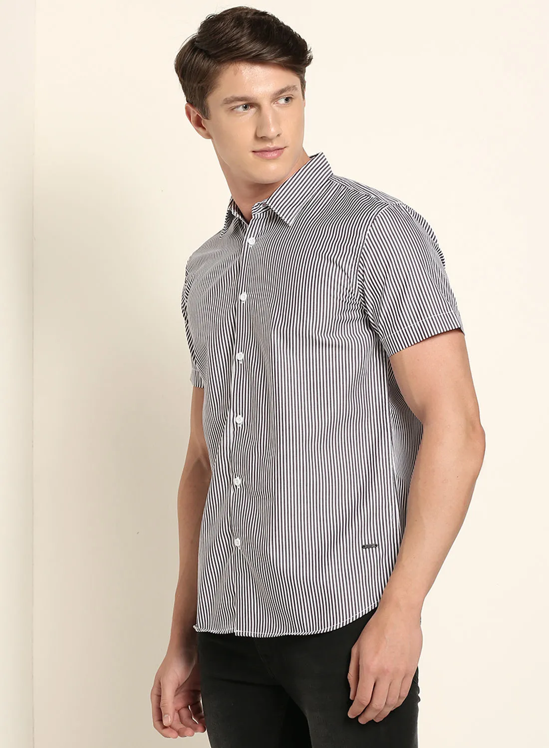ABOF Stripes Pattern Regular Fit Collared Neck Short Sleeve Shirt White/Grey