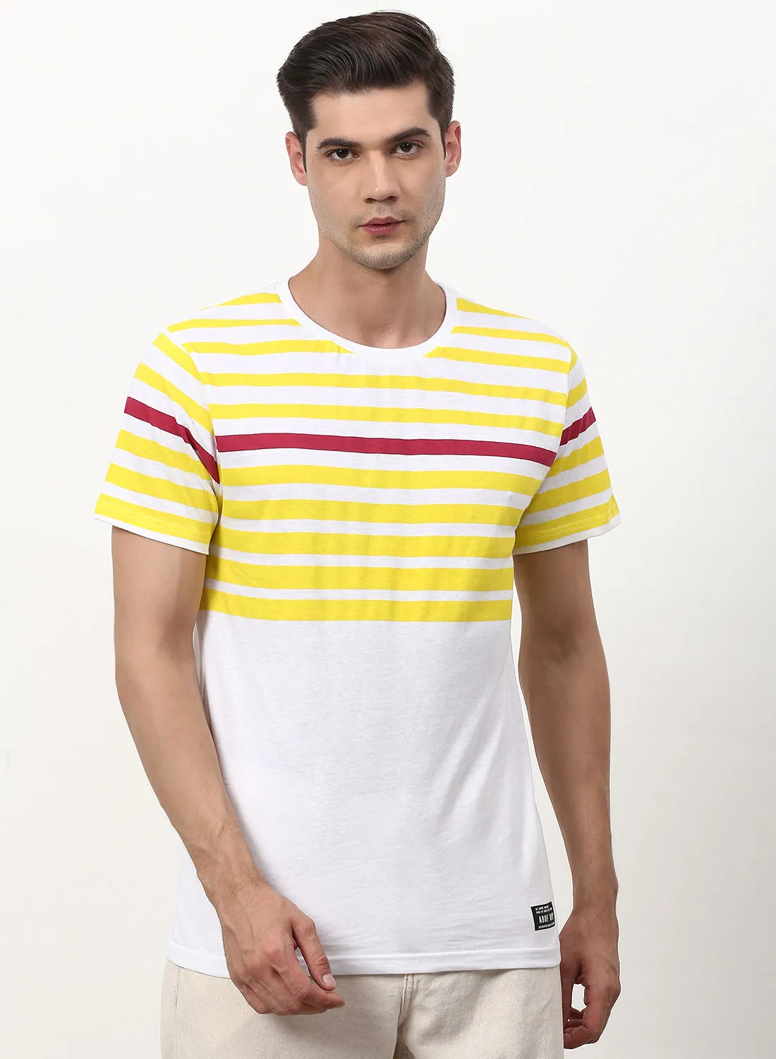 ABOF Strips Detail Printed Regular Fit Crew Neck T-Shirt White/Yellow