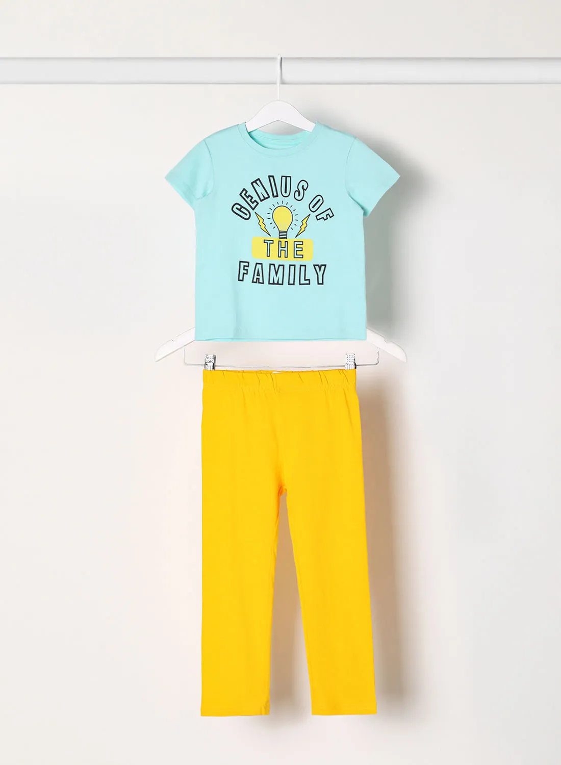 NEON Printed Round Neck T-Shirt And Pyjama Set Sky Blue/Yellow