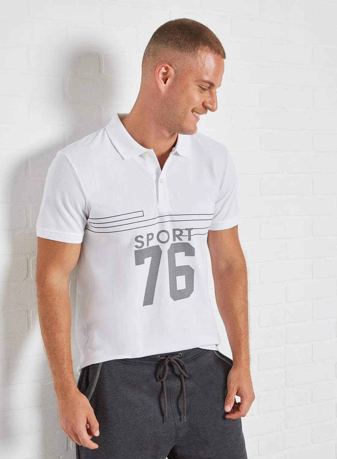 ABOF Sports Printed Pattern 2 Button Placket Polo T-Shirt White/Grey Printed