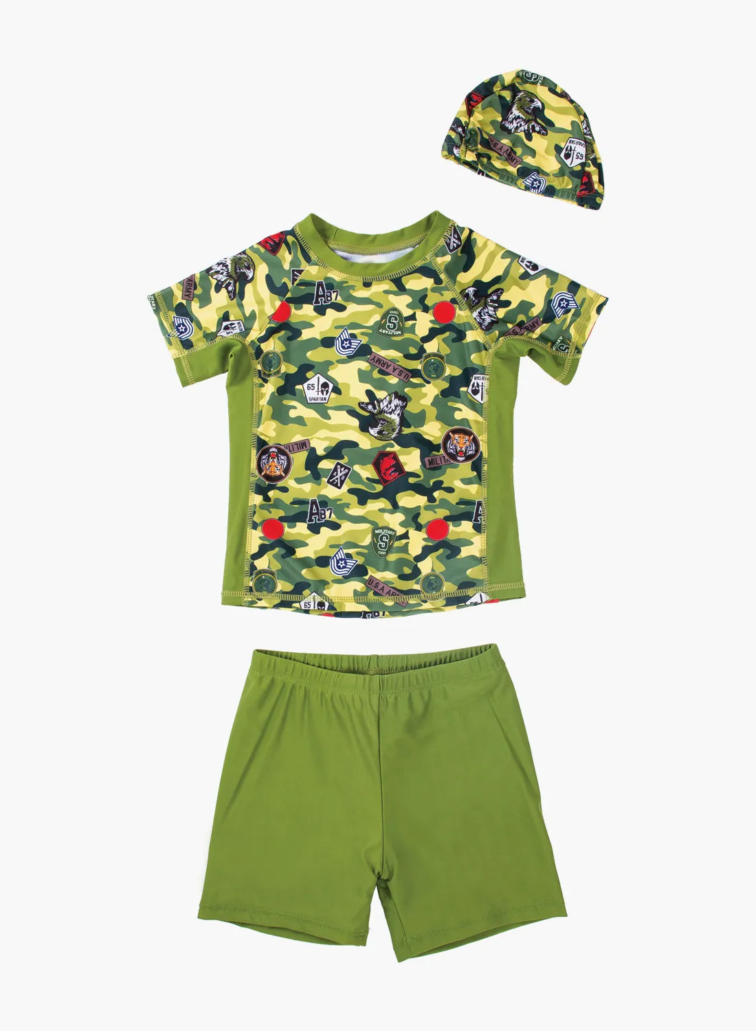 طقم ملابس سباحة من POP MAGIC للأولاد مكون من 3 قطع بجزء علوي وسفلي وقبعة أخضر زيتوني
