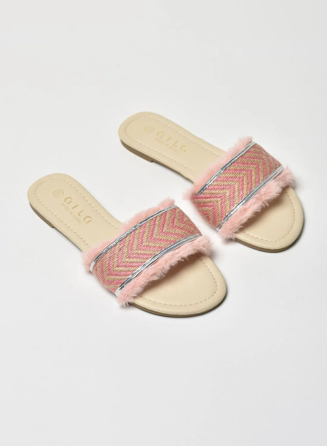 Aila Striped Pattern Strap Flat Sandals Pink/Beige/Silver