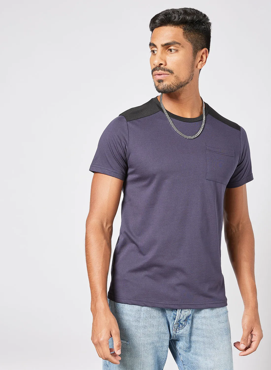 QUWA Trendy Casual Contrast Shoulder Short Sleeves T-shirt with Pocket Navy/Black