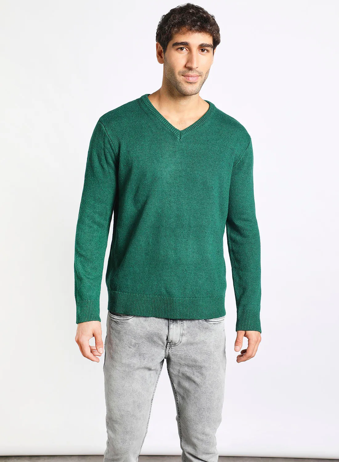 Noon East Men's Ribbed Knitted V-Neck Full Sleeves Warm Sweater For Winters Green