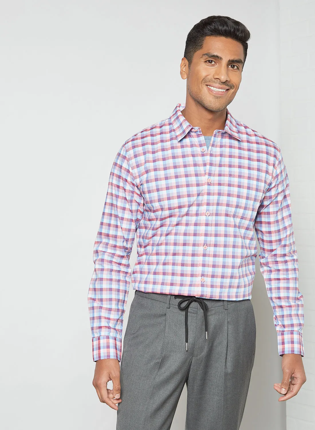 ABOF Checkered Pattern Slim Fit Collared Neck Roll-Up Sleeve Shirt Pink/Purple