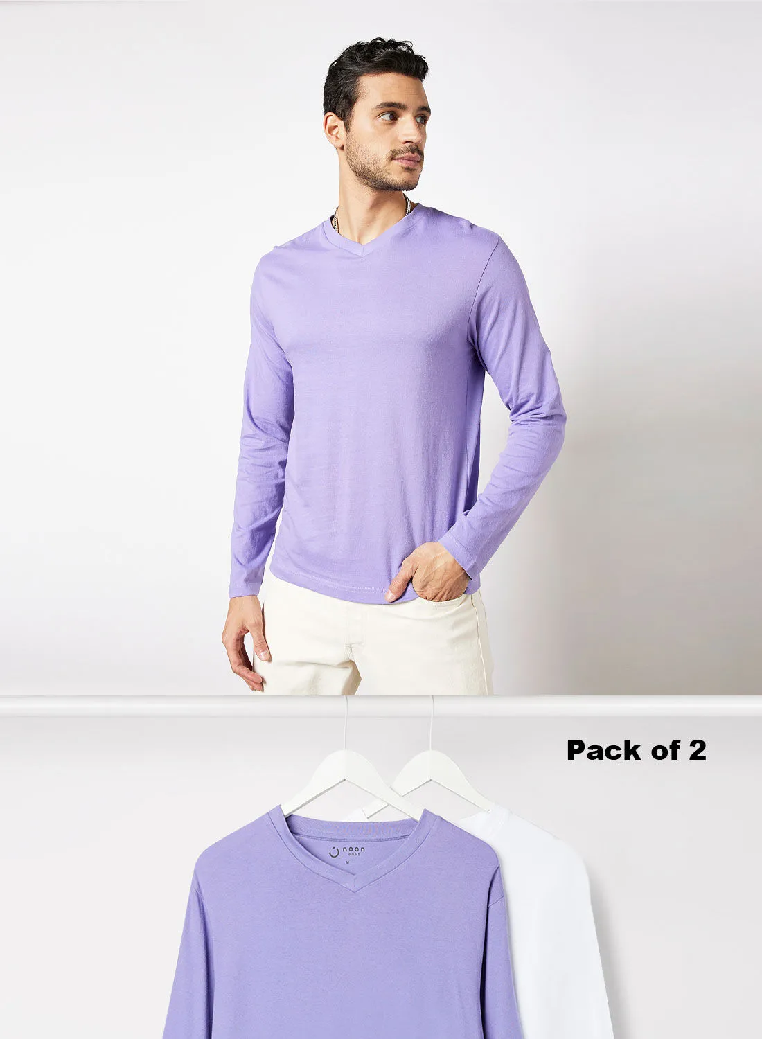 Noon East Pack Of 2 Men's Basic V-Neck Cotton Biowashed Fabric Comfort Fit Stylish Design T-Shirt Purple/White