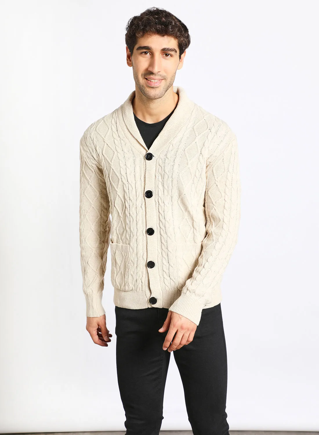 Noon East Men's Knitted Button Detailed Front Open Full Sleeves Collar Cardigans For Winters , Cable Design With 2 Front Pockets Beige