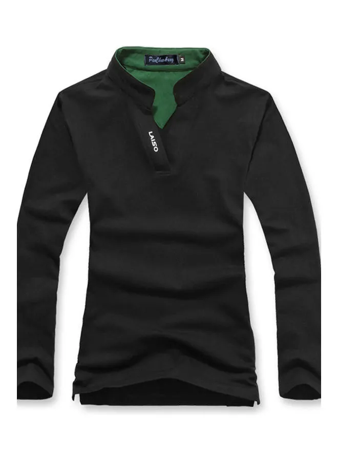 Generic Male Stand Collar Polo Shirt Of Long Sleeves And V-Neck Plus Size Casual Pullover Top Black