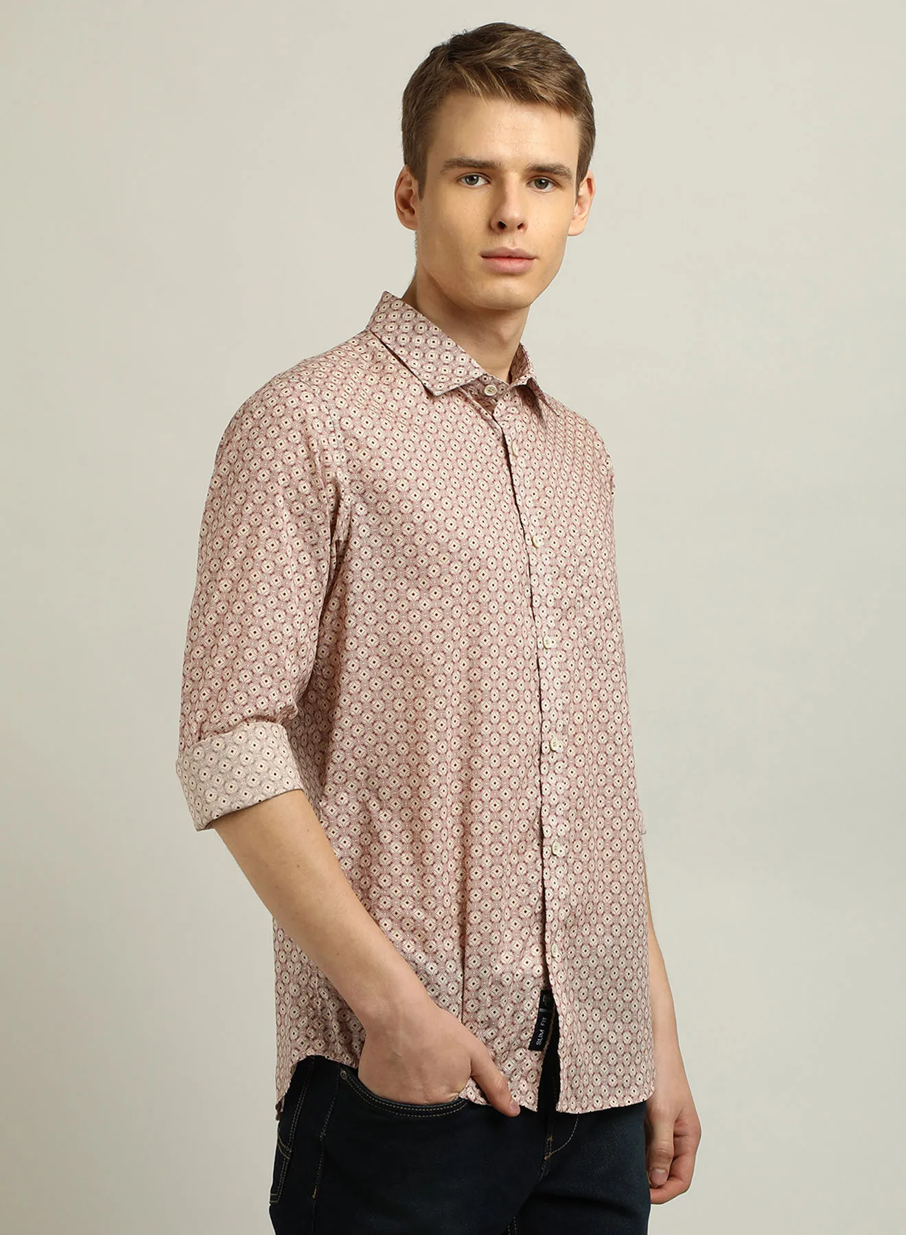 B&C Men's Printed Rolled-Up Sleeves Shirt Pink