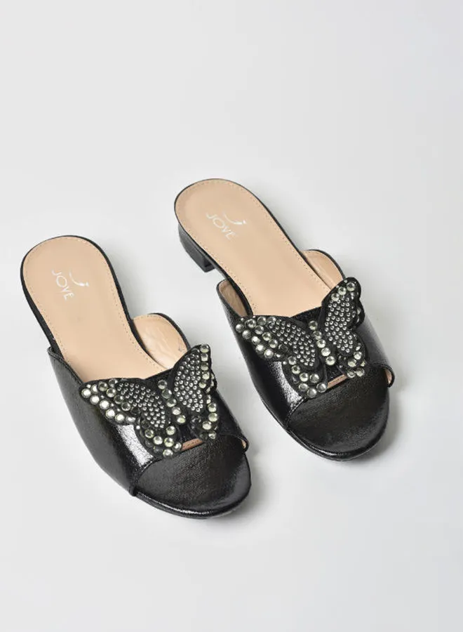 Jove Embellished Butterfly Slip-On Flat Sandals Black