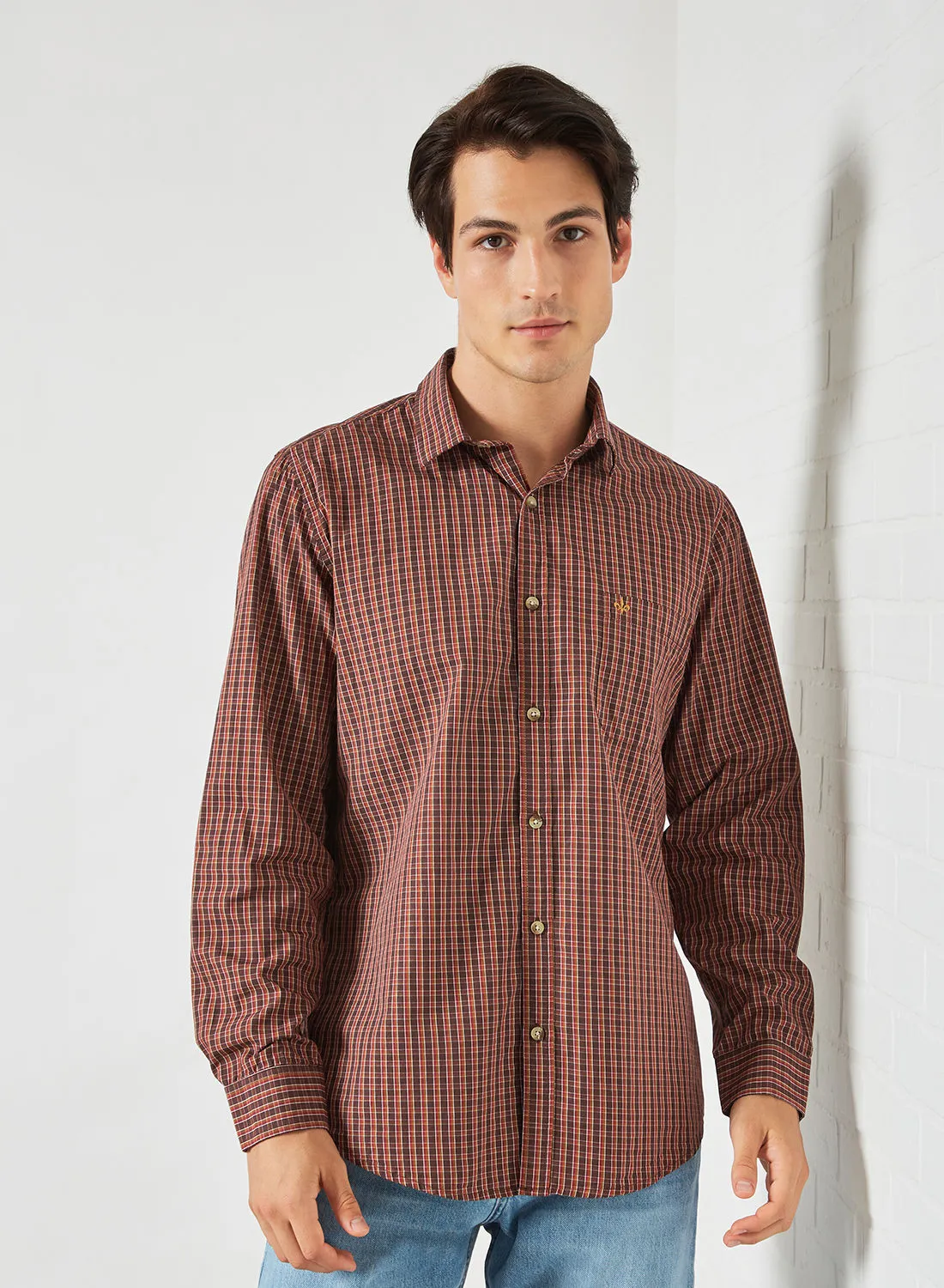 QUWA Casual Long Sleeve Checked Pattern Shirt Checkered Dark Brown