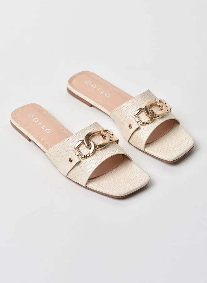 Aila Chain Detail Broad Strap Flat Sandals Off White