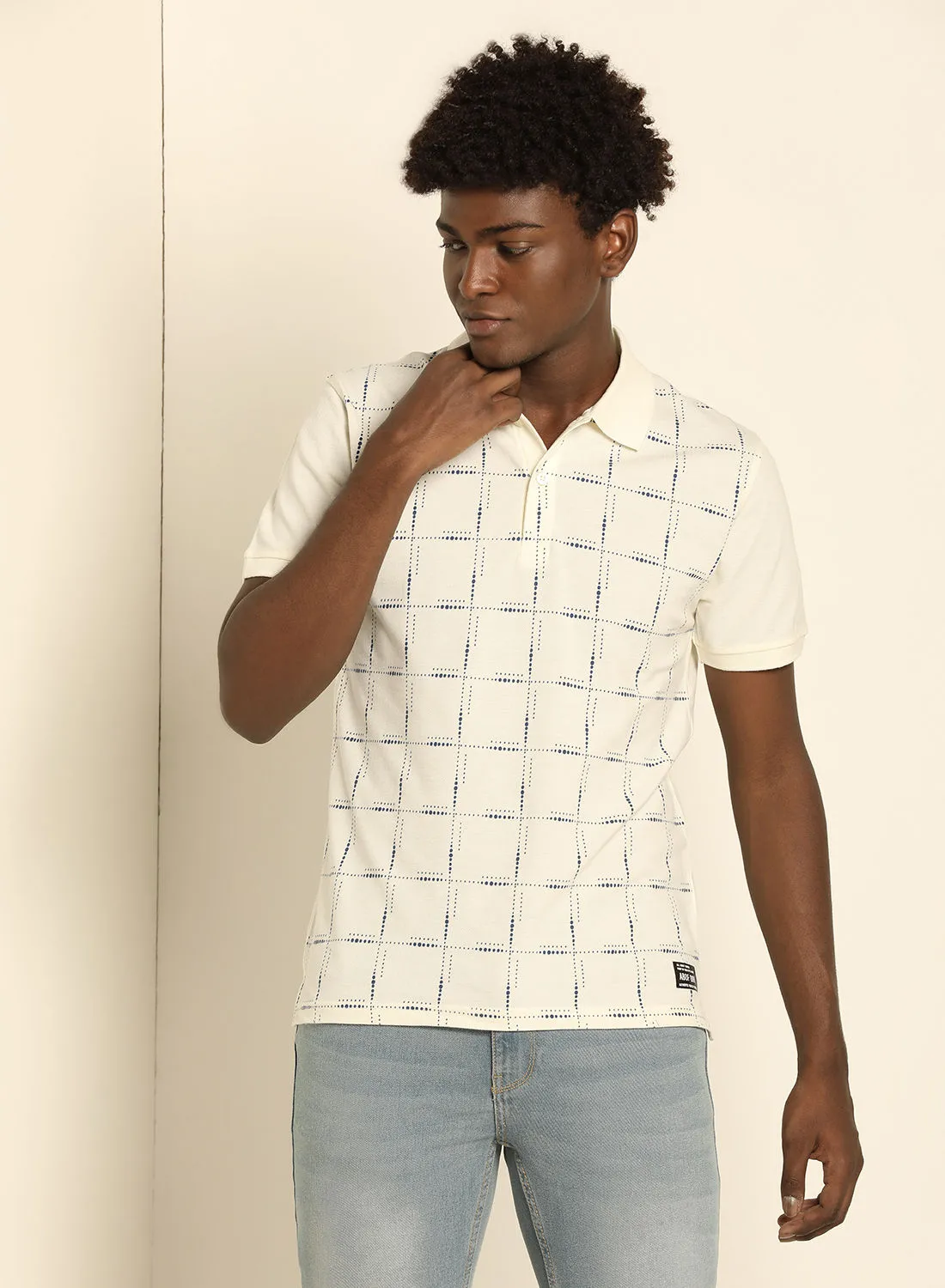 ABOF Checkered Pattern Slim Fit Collared Neck Polo Off White/Blue