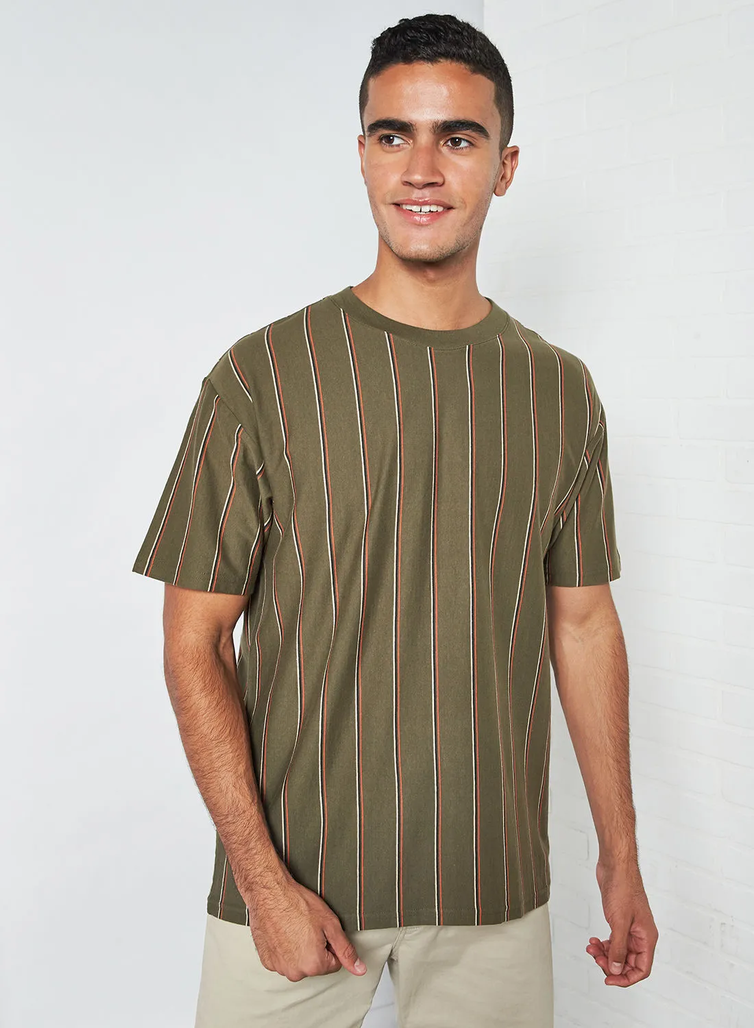 Cotton On Striped Short Sleeve T-Shirt Washed Khaki Triple Stripe