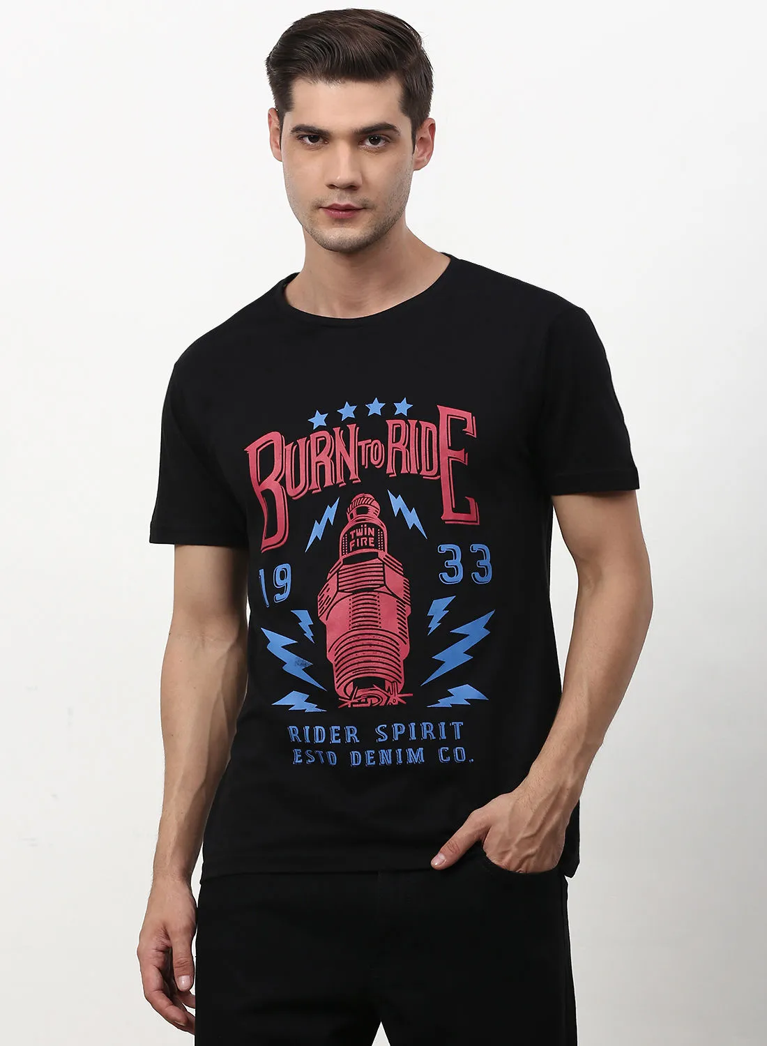 ABOF Burn To Ride Printed Crew Neck T-Shirt Sable Black