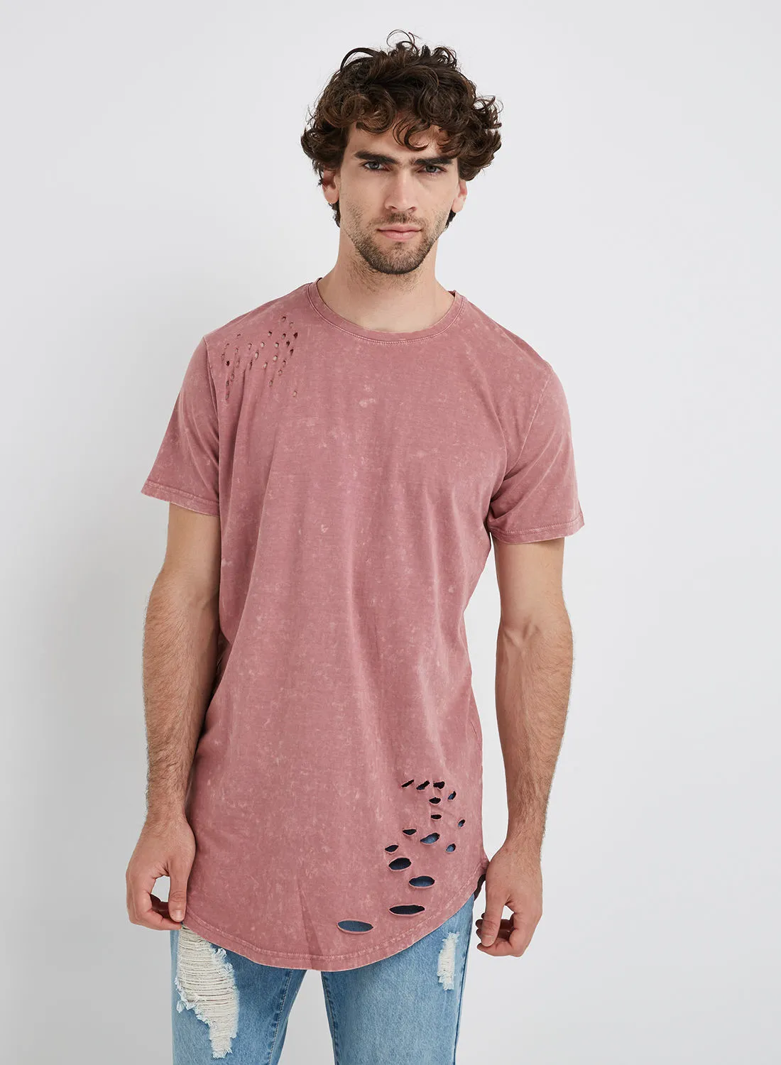 BRAVE SOUL Essential Longline T-Shirt Pink Acid Wash