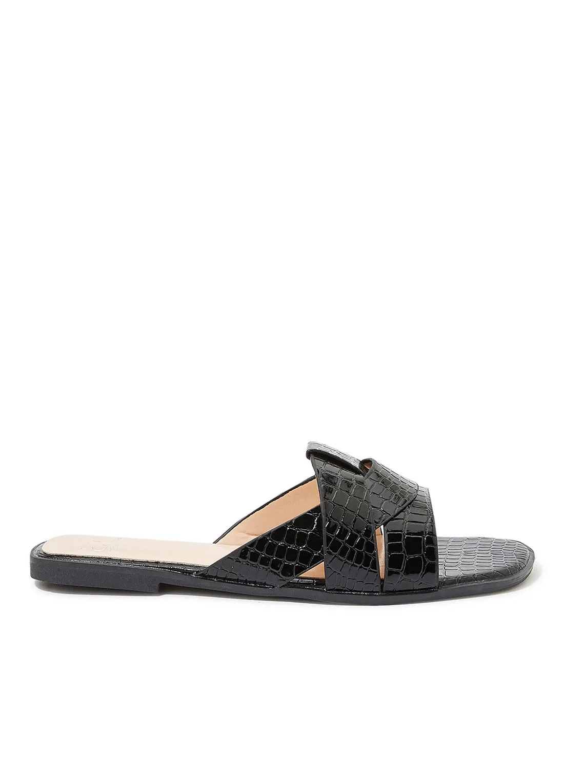 Jove Crocskin Textured Flat Sandals Black