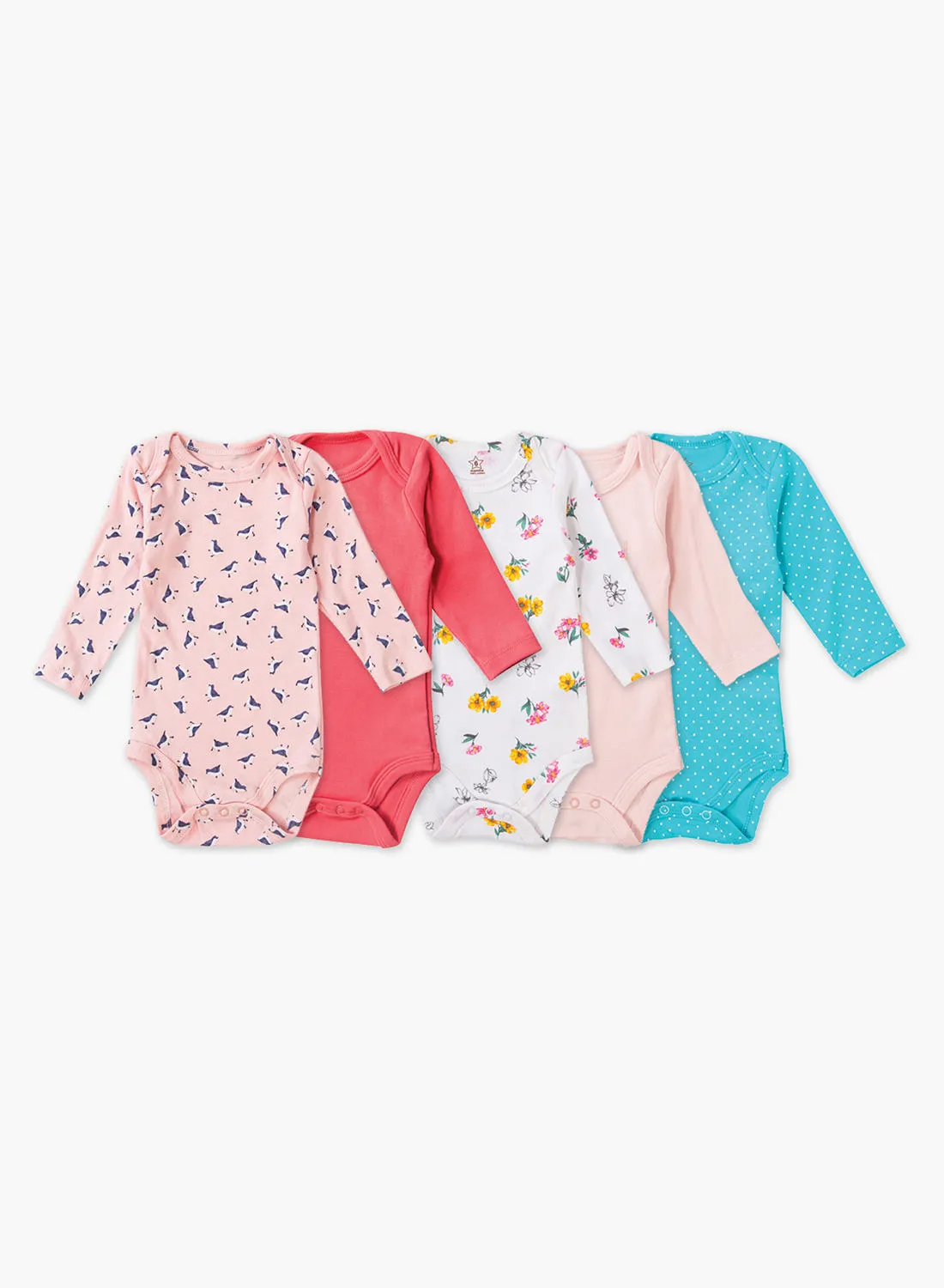 POP MAGIC Baby Unisex 5-Piece Round Neck Long Sleeve Printed Rompers Pink/Peach/White