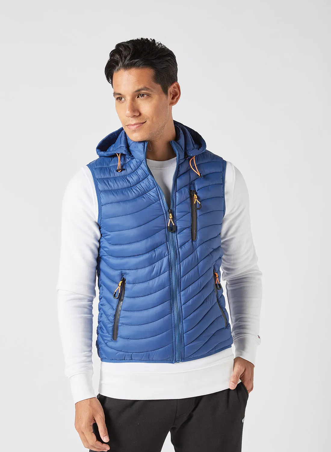 Athletiq Men's Casual Hooded And Side Pockets Detail Puffer Vest Jacket Azure Blue