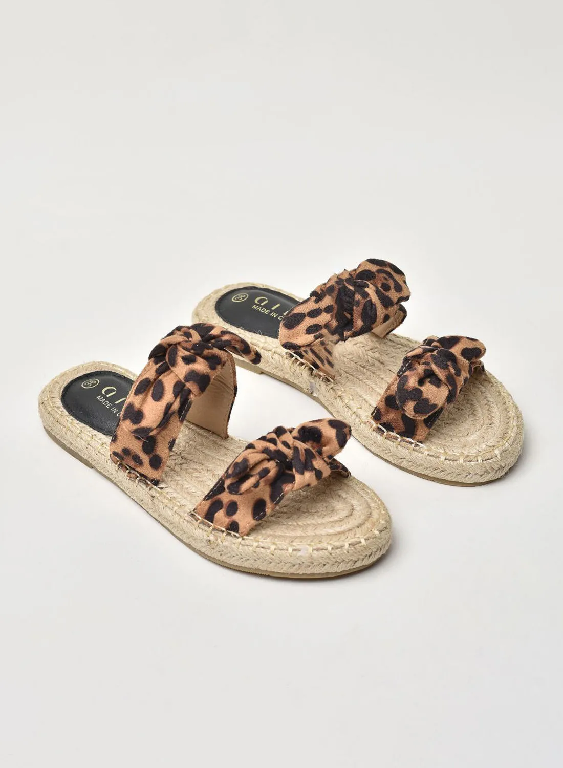 Aila Animal Printed Double Strap Flat Espadrille Sandals Brown/Black