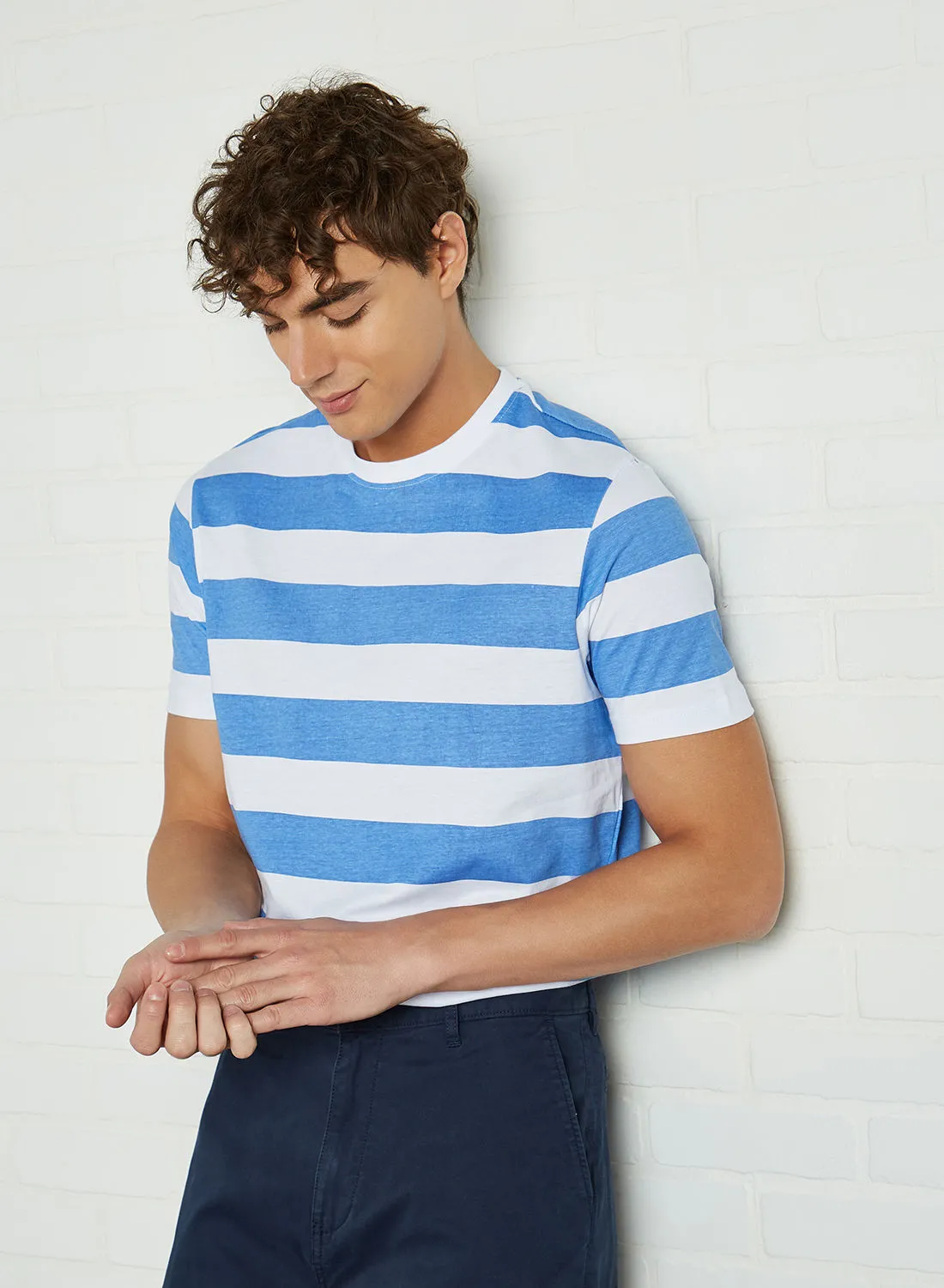 BRAVE SOUL Striped T-Shirt Sapphire Blue/ White