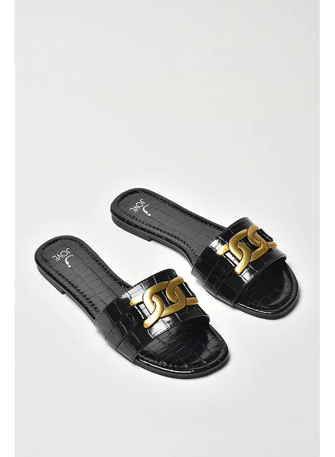 Jove Animal Pattern Broad Strap Flat Sandals Black/Gold