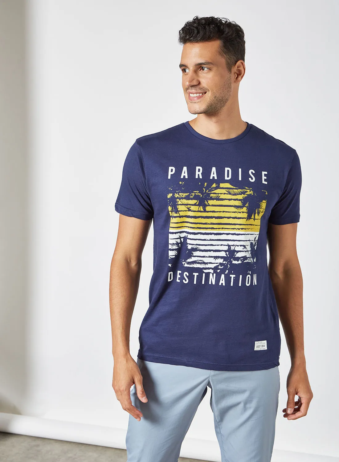 ABOF Paradise Destination Printed Regular Fit Crew Neck T-Shirt Dark Navy