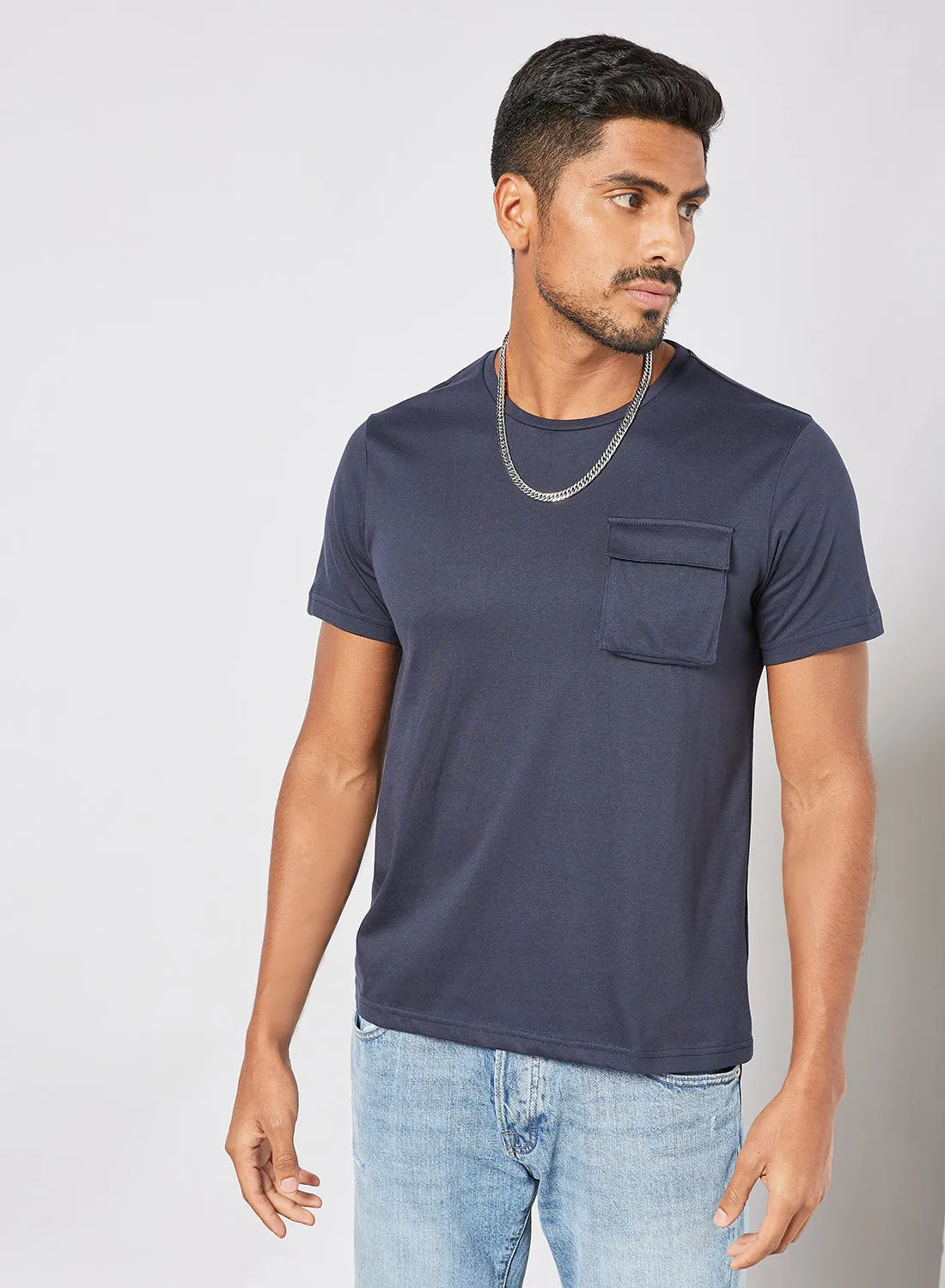 QUWA Casual Comfortable Crew Neck T-Shirt with Chest pocket Navy Blue