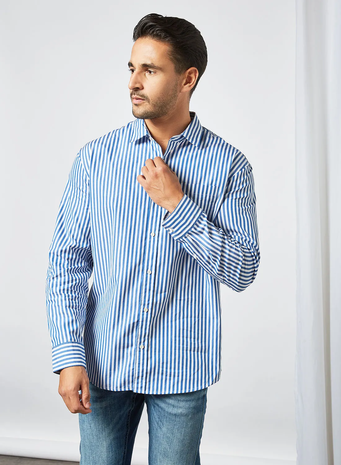 MANGO Striped Relaxed Fit Shirt Blue