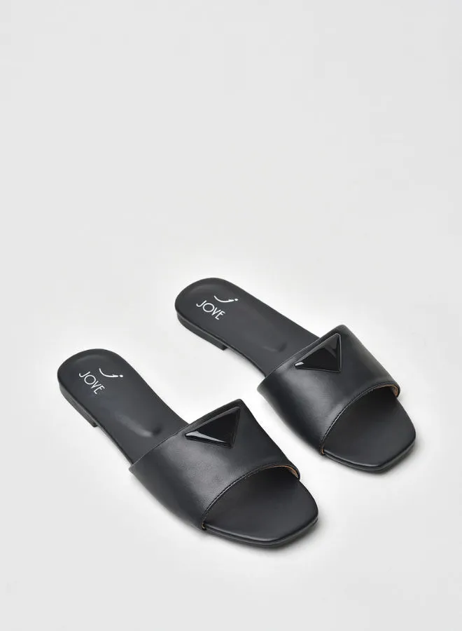 Jove Stylish Elegant Slide Detail Slip-On Flat Sandals Black