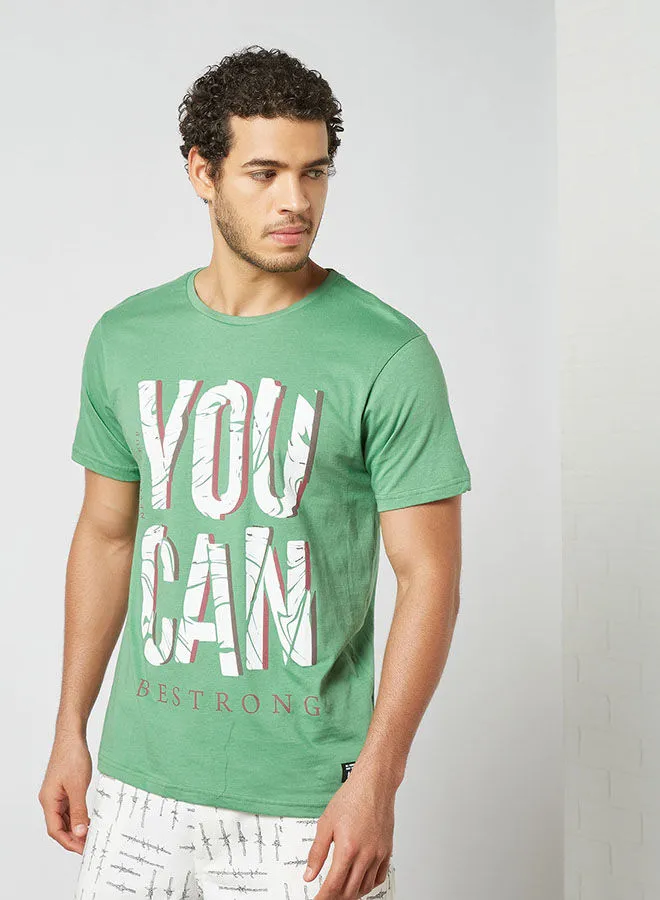 ABOF You Can Be Strong Slogan Printed Regular Fit Crew Neck T-Shirt Green