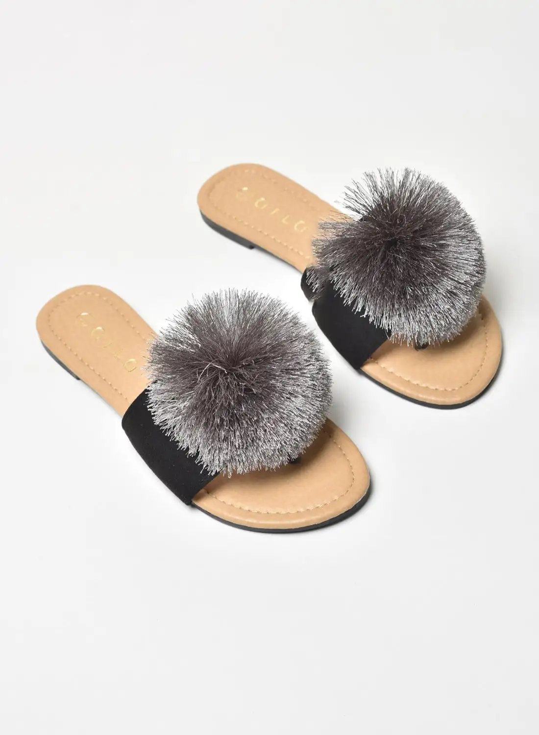 Aila Thread Pom-Pom Detail Strap Flat Sandals Black/Grey