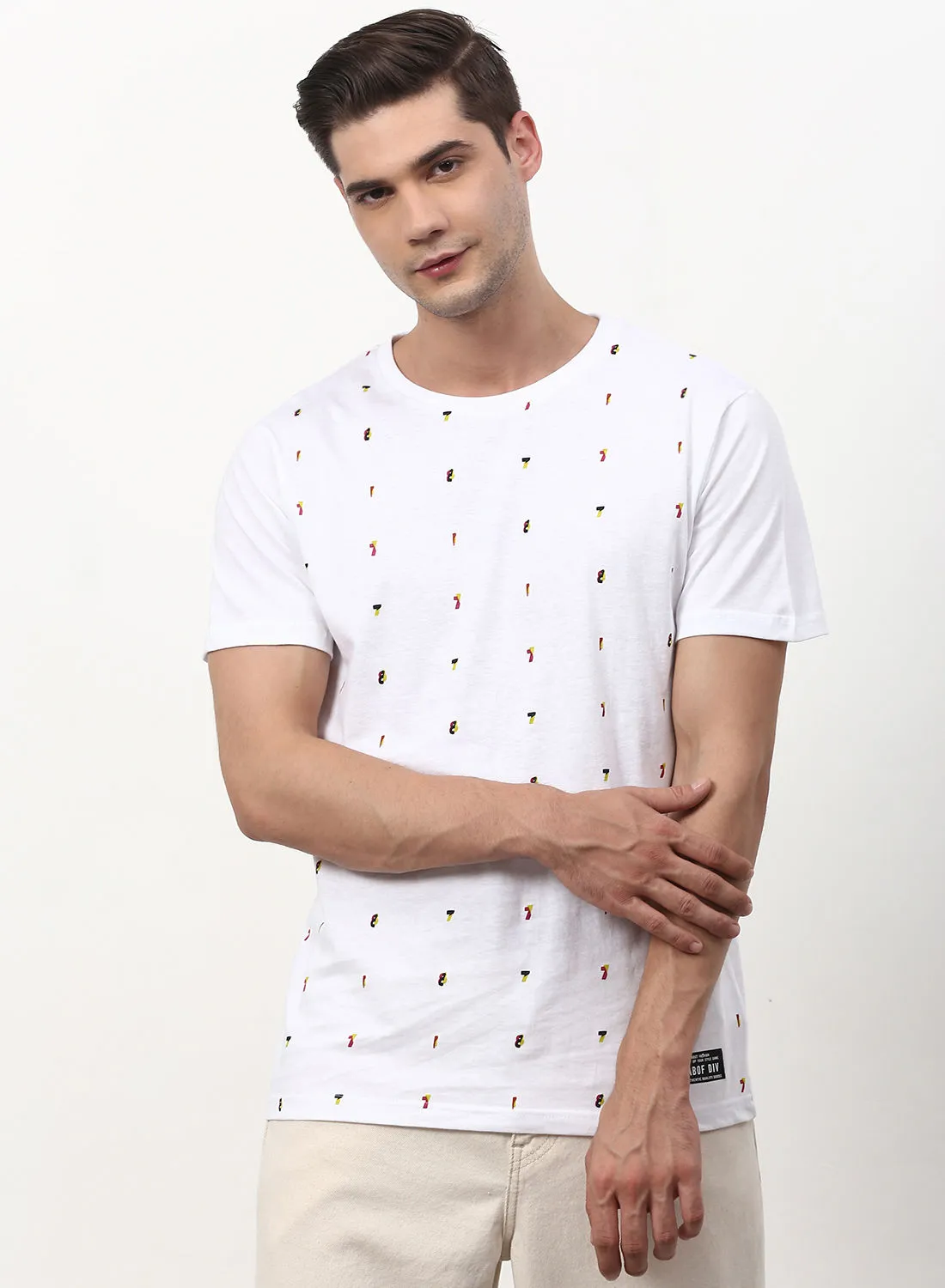 ABOF All Over Print Crew Neck Regular Fit T-Shirt White/Grey