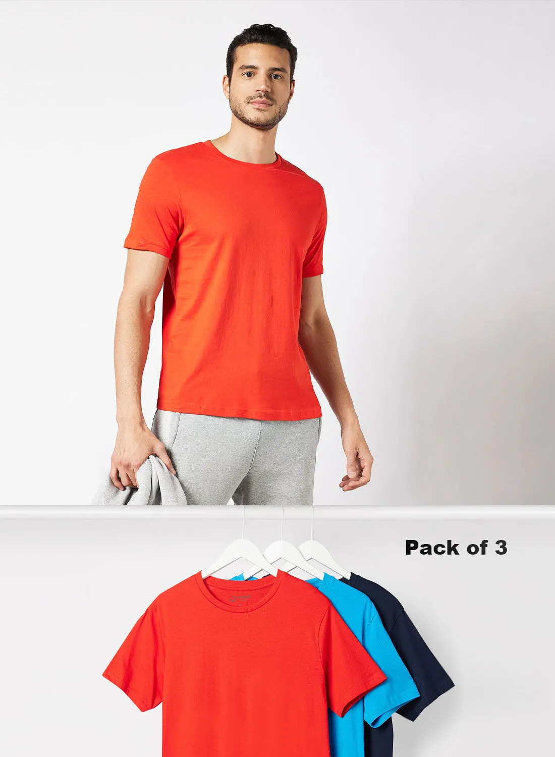 Noon East Pack Of 3 Men's Basic Cotton Biowashed Fabric Crew Neck Comfort Fit Stylish Design T-Shirt Red/Ibiza Blue/Dark Navy